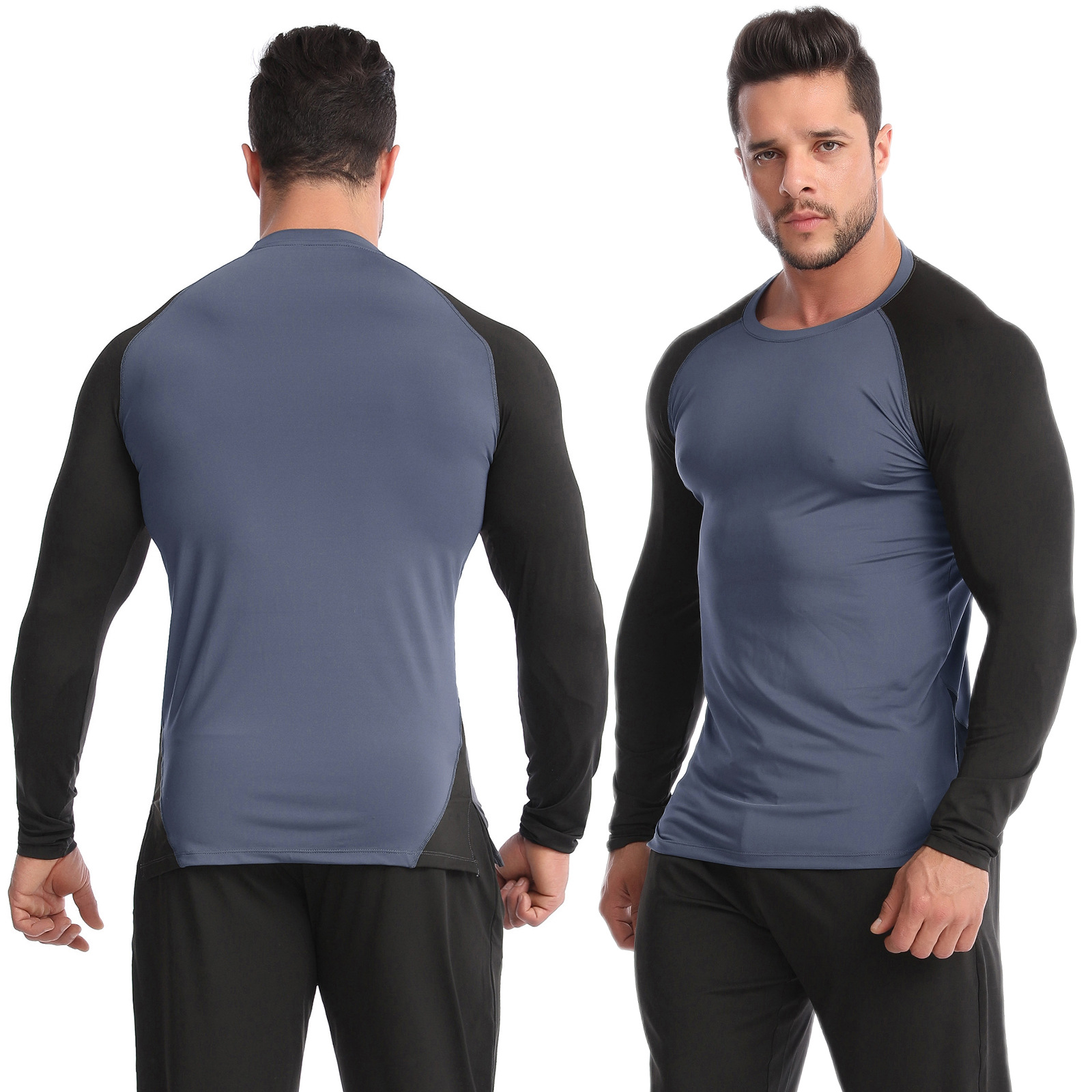 Fitness clothing men's fall high elastic breathable PRO quick dry T-shirt sweat training running long-sleeved patchwork sportswear - Image 3